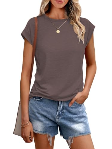 Cuptacc T Shirt Damen Sommer Tops Für Damen Oberteile Rundhalsausschnitt Business Bluse Kurzarm T-Shirt Locker Darkbrown Groß L 42-44