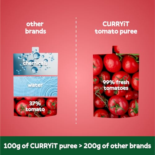 Image of CURRYiT Fresh Tomato Puree | Thick & Pure Tomato Paste | Preservative Free, No Added Colors | Cooking Base for Curry, Gravy, Dal & Pasta - 100g