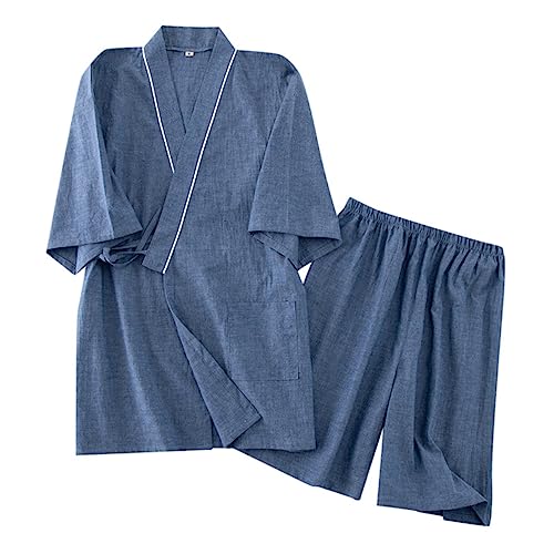 Beokeuioe Pijama para hombre corto kimono + pantalones de pijama, traje de casa de dos piezas, ropa de dormir japonesa, ropa de dormir para sauna, spa, ropa de dormir, conjuntos de pijama de verano, A