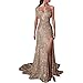 Uillui Long Ball Gowns for Women Fashion Glitter Sequin Evening Dress High Waist Slim Fit Side Slit Sparkle Formal Gown Gold, X-Large