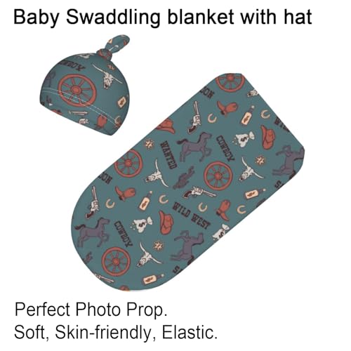 Image of Retro Western Swaddling Blanket for Baby, Unisex Baby Stuff with Hat