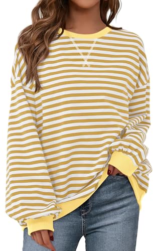 Image of PRETTYGARDEN Womens Striped Oversized Sweatshirt Color Block Crew Neck Long Sleeve Casual Loose Pullover Top Y2K Clothes