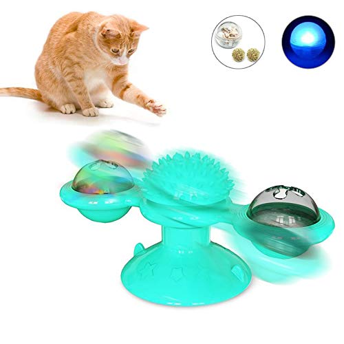 EZSMART Jouet pour Chat Moulin à Vent Rotatif avec Ventouse -2 Boule de cataire et Boule LED -Brosse de toilettage Interactive pour Chat, Dents Propres, Brosse à Massage (Menthe Verte) Cover