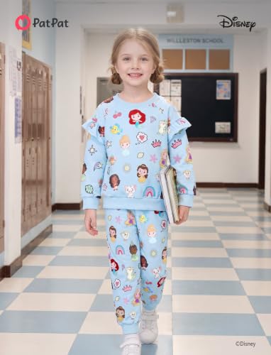 Image of Disney Outfits for Girls Long Sleeve Shirt Pocket Pant Toddler Sweatsuit | Officially Licensed丨Girls Clothes丨2-Piece Outfit丨Allover Print丨Ruffle Shoulder丨Jogger Pants丨Soft Feel丨Easy Care丨Mix & Match