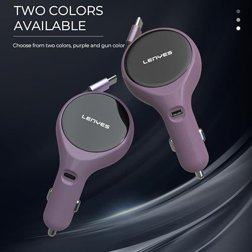 Image of Lenyes CA820 60W Car Charger | Dual Output with 80cm Retractable Type-C Cable | 30W PD Fast Charging | 2-in-1 Adapter for Type-C Devices | Compact Car Accessory (Purple)
