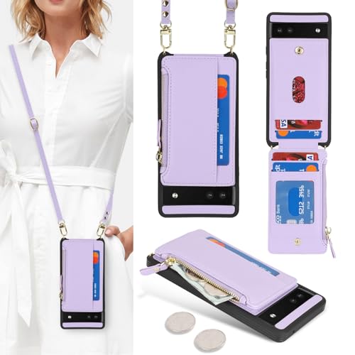 Étui portefeuille Pixel 6a anti-chute violet avec fermeture éclair et bandoulière femme