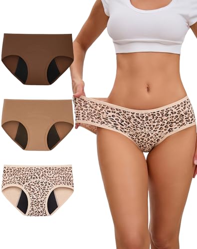 INNERSY Braguitas Menstruales Mujer Flujo Abundante Bragas Incontinencia Lavables Algodón Pack de 3 (M, Leopardo/Marrón/Marrón Claro)