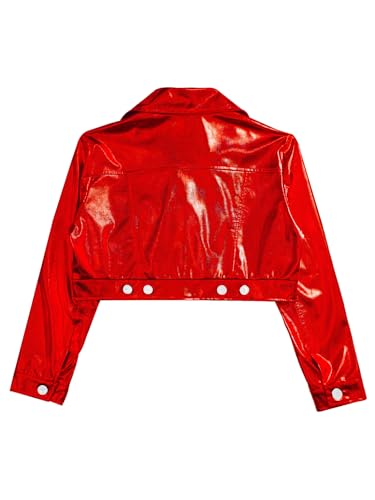 Image of Kids Girls Shiny Metallic Motorcycle Jacket PU Faux Leather Long Sleeve Hip Hop Jazz Dance Crop Top Coat Outwear