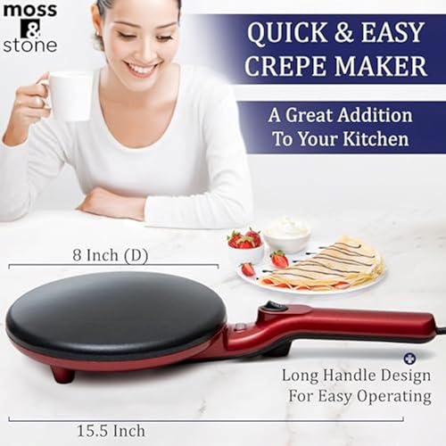 Image of Moss & Stone Red Electric Crepe Maker, 8 inch Portable Nonstick Crepe Pan | Nonstick dipping plate, auto shut-off, on /off switch, even heating, dual temperature control, compact design