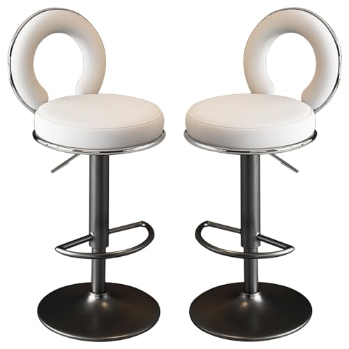 Juego de 2 taburetes de bar giratorios ajustables tapizados de cuero con respaldo, sillas de comedor sin reposabrazos para isla de cocina, base blanca y negra