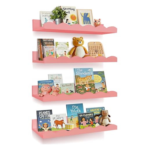 Image of Bxngjuj Nursery Book Shelves, 4 Pack Pink Floating Shelves for Wall, Wood Scalloped Shelves for Storage Books, Wall Book Shelf for Kids Rooms, Bedroom, Toddler Room, Baby Room, Nursery Decor