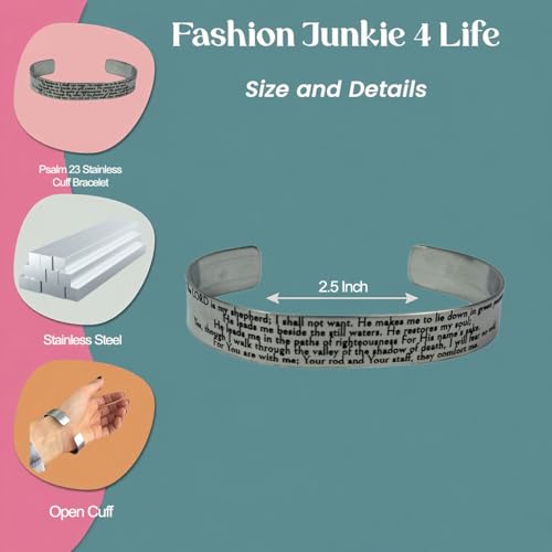 FashionJunkie4Life Stainless Steel Psalm 23 : LORD is my shepherd Cuff Bracelet | Adjustable Bracelet with Laser Engraved Text | Religious Christian Catholic Gift for Men, Women. by FashionJunkie4Life - Used condition - Image 2