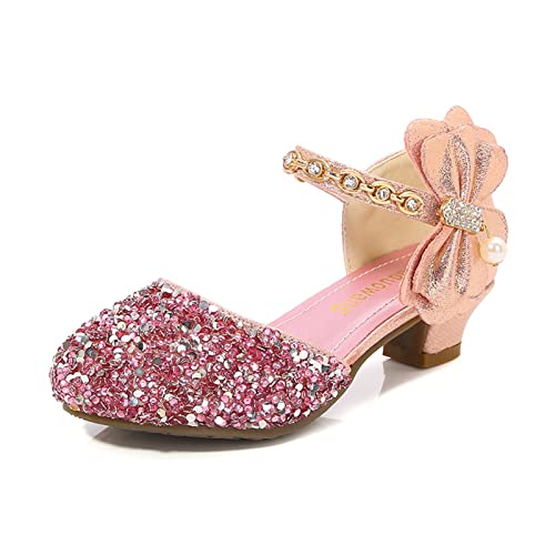 OMEARK Girls Dress Shoes - Kids Sparkly Glitter Rhinestone Party Low Heeled Pumps Slip-On Block Closed Toe Princess Party Shoes with Ankle Buckle for Little Kid/Big Kid