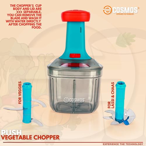 Image of E-COSMOS 2 in 1 Food Chopper Manual Hand Press Push Chopper with 4 Blades for Effortless Chopping Vegetables & Fruits with Mixi Blade for Lassi /Butter Milk (900 ml, Plastic)