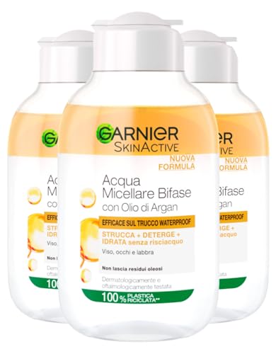 Garnier SkinActive zweiphasiges Mizellenwasser mit Arganöl, Make-up-Entferner für Gesicht, Augen und Lippen, entfernt wasserfestes Make-up, spendet Feuchtigkeit, ohne Ausspülen, 3 Flaschen à 100 ml