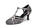 MGM-Joymod T-Starp Damen-Tanzschuhe, Glitzer, Synthetik, Abendveranstaltung, Hochzeit, Tango, Ballsaal, moderner Latein-Tanzschuh, L322 Grau/Schwarz, 7.5cm Absatz,42.5 EU