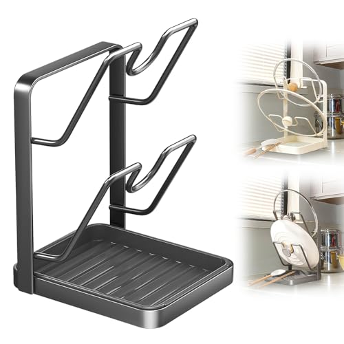 Kitchen Pot Lid Storage Rack, Pot-Lid Cutting Board Holder With Removable Drip Tray, Space-Saving Kitchen Pot Cover Organizer Stand for Countertop (Black Double-layer)