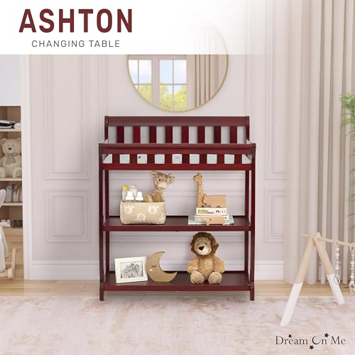 Image of Dream On Me Ashton 2-in-1 Changing Table & Nightstand in Cherry - Solid New Zealand Pinewood, Safety Rails, Spacious Storage Shelves & Water-Resistant Changing Pad, Converts to Nightstand