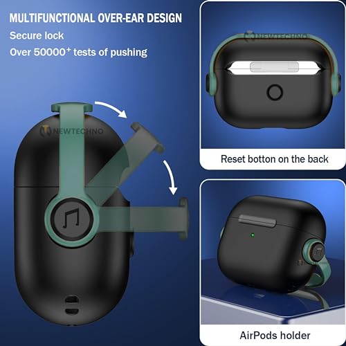 NEWTECHNO Antilost Lid Case Cover Shell for Airpods pro 2| Full Protection Case Cover with Lanyard Compatible for Airpods pro Gen-2 with carabaner | Green-Black 4 41UJDNcufgL