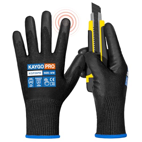 Image of KAYGO Cut Resistant Gloves PU Coated, 12 Pairs Safety Work Gloves with full fingers Touchscreen, ANSI Cut Level A2, for Men and Women, Ideal for General Duty Work KG11P, Black,M