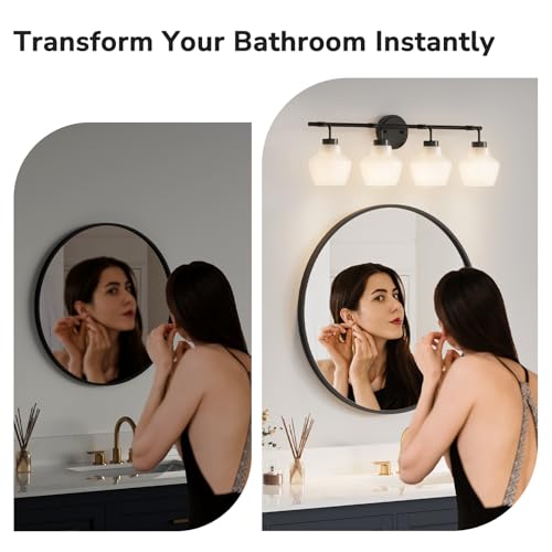 Image of USHOWER 4-Light Bathroom Light Fixtures, Vanity Lights with White Frosted Glass Shades, Modern Black Vanity Lights for Bathroom, Mirror, Living Room, Bedroom, Hallway, E26 Base (Bulbs Not Included)