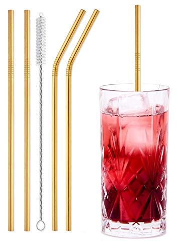 Image of STAR WORK - Metal Straws Stainless Steel Straws 8.5 inch Drinking Straws Reusable 4 Set And 1 cleaning Brush For Picnic,Travelling,Home,Bars (GOLD)
