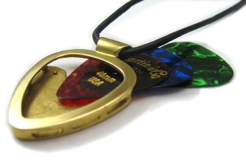 Pickbay Guitar Pick Holder Necklace Eco-Brass W 27" Black Leather Cord Eco Friendly, Engravable Back #TOP4
