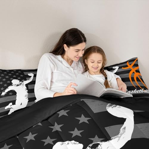 Image of Feelyou Basketball Player Comforter Set Full Size American Flag Bedding Set for Kids Boys Girls Gaming Sports Duvet Quilt Bedroom Decor Microfiber 3 Pcs with 2 Pillow Cases