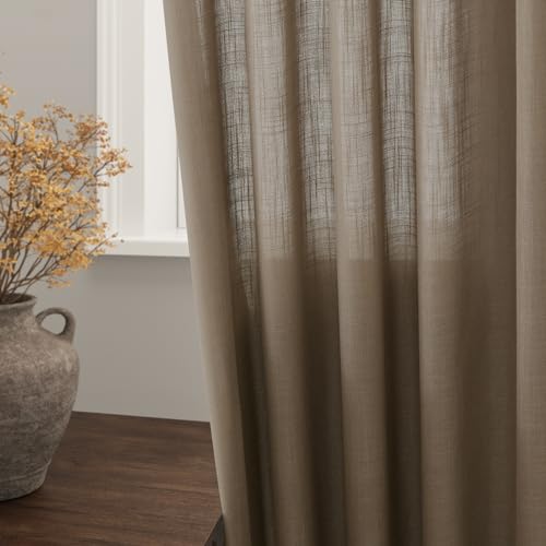 Image of Nanspring Dark Taupe Curtains 80 Inches Length for Living Room Back Tab Rod Pocket Semi Sheer Linen Drapes Muted Neutral Boho Linen Textured Window Curtain for Dining Room Bedroom 52X80 Inches