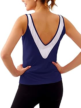 AMAZON - SILKWORLD Athletic Tops for Women Summer Open Back Gym Shirts Sleeveless Scoop Neck Cute Workout Yoga Tank Top, Navy Blue, Large