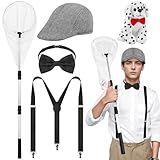 RUODON 5 Pcs Halloween Dog Catcher Costume Accessories Set with Dalmatian Dog Catcher Net Hat Bowtie Suspenders for Adult Men
