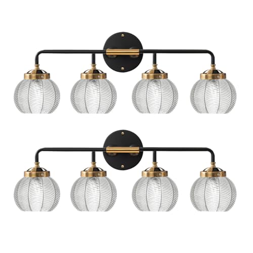 Image of 4-Light Black Gold Bathroom Light Fixture Vanity Light Sconces Wall Decor Set of 2 with Clear Glass Ribbed Globe Shade Bathroom Vanity Lights Above Mirror for Powder Room Farmhouse