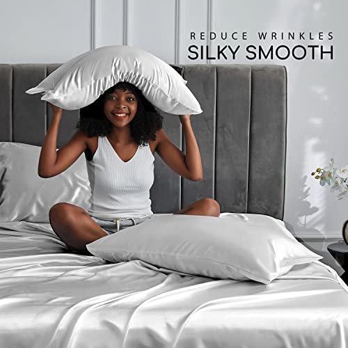 Image of MR&HM Satin Bed Sheets, Queen Size Sheets Set, 6 Pcs Silky Bedding Set with 15 Inches Deep Pocket for Mattress (Queen, Silver Grey)
