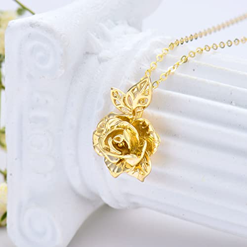 Fencci Rose Flower Pendant Necklace 14K Real Gold Flower Necklace For Women Solid Gold Rose Pendant June Birth Flower Necklace Fine Jewelry Birthday Valentines Day Gifts For Mom Wife Grandma Mama And Her, 16+2 Inches #TOP2