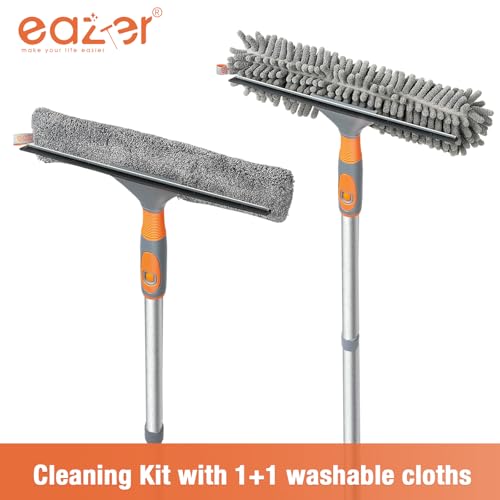 Image of Eazer Window Squeegee Cleaner Tool, 2-in-1 Window Cleaning Kit with 62'' Extension Pole, Window Washer Equipment for Cars, Indoor & Outdoor Glass - Includes 2 Microfiber Cloths