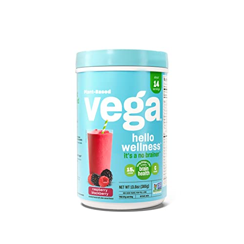 Vega Hello Wellness Itâs a No Brainer Blender Free Smoothie, Raspberry Blackberry (14 Servings) Plant Based Vegan Protein Powder, Omega 3 DHA, Antioxidant Vitamin C, 13.6oz(Packaging May Vary)