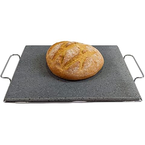 Large Baking Stone, Pizza Stone - Pizza Stone for Oven, Grill, BBQ and Gas Hob. Made from 100% Lava Stone with Chrome Rest Handle (Standard Set) Cover