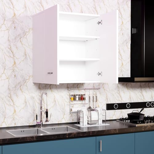Image of 2 Door Wall Mounted Cabinet with Adjustable & Fixed Shelf | Engineered Wood Storage for Kitchen, Bathroom, Office & Living Room | DIY Assembly | Color: White | Size: 60 x 33 x 63.8 cm