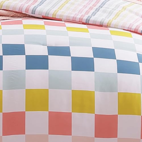 Image of Queen Comforter Set with Sheets for Girls-7 Pieces Soft Queen Bedding Sets | Bed in A Bag Colorful Checkered Printed Comforter with Pillowcases & Shams, 90 inch X 90 inch