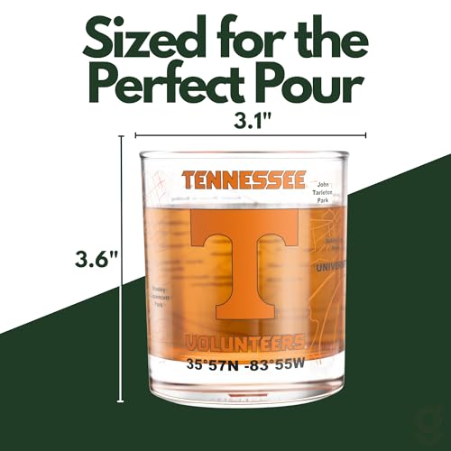 Image of Greenline Goods University of Tennessee Volunteers Whiskey Glasses Set of 2, 10 oz Rocks Glasses with Full-Color Logo & Campus Map - Officially Licensed Bourbon Glass Gift for Alumni & Fans