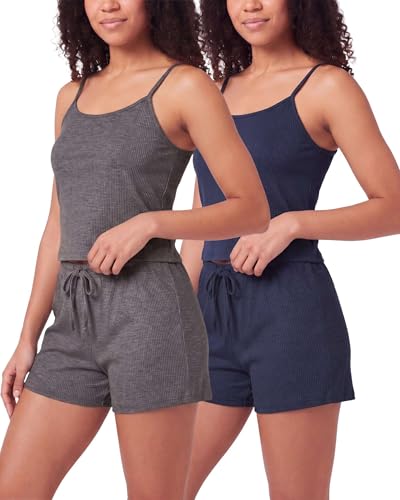Image of Real Essentials 2 Pack: Women's Ribbed Cropped Cami and Short Set Pajama Sleep Lounge Sleepwear PJ Soft Drawstring Shorts