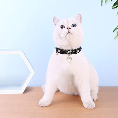 Image of Cat Collar, Dog Collar, [Bling Rhinestones] PU Leather Adjustable Pet Collar with Luxury Pendant for Big Cat and Small to Medium Dog Small Black