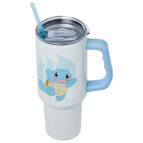 Image of Silver Buffalo Pokemon Featuring Squirtle Double Walled Stainless Steel Tumbler with Handle and Straw, Fits in Standard Cup Holder, 40 Ounces