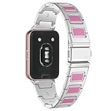 Compatible with Samsung Galaxy Fit 3 Straps, I-bead Triple Bead Replacement Straps,Stainless Steel Business Band for Samsung Galaxy Fit 3 for Men/Momen (Silver on Pink)