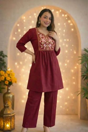 Image of Women's Rayon Embroidered Kurti with Pant Set | Floral Yoke Design | 3 /4 Sleeve Ethnic Co-Ord Set | Regular Fit Traditional Outfit