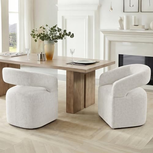 Image of KISLOT Upholstered Dining Chairs Set of 2, Modern Arm Kitchen & Dining Room Chairs with Hidden Casters, Linen Fabric Padded Rolling Chairs, Sturdy Wood Frame, 300 lbs Capacity, Beige