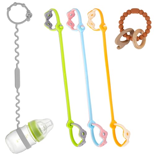 Image of The Baby Wey Toy Straps for Baby 5 Pieces, Silicone Toy Safety Strap for Stroller and High Chair, 3 Adjustable Straps for Toys, Teething Ring and Bottle Strap, Dishwasher Safe, Food-Grade Silicone