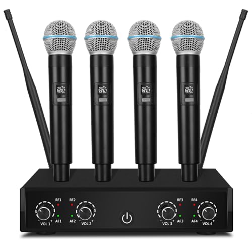 QiCheng&LYS Pro Wireless Microphone System, 4-Channel UHF Wireless Mic, Cordless Mic with 4 Handheld Dynamic Microphones, 260ft Range, Microphone for Singing,Church,Karaoke,Party (410U-4 Handheld)