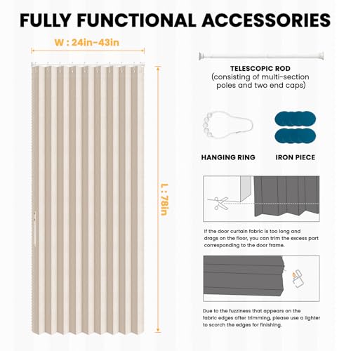 Image of AJAZZ Blackout Accordion Door with Curtain Rods Adjustable 28-39 inch Long Invisible Sliding Glass Door Curtain for Bedroom Living Room Doorway Curtain Sets (1 Pack, 43 W x 78 L, Cream Yellow)