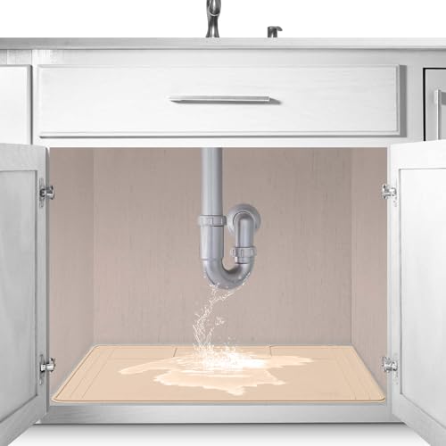 Image of The Original Under Sink Mat - Silicone Waterproof mat, Trimmable, Easy to Clean, Kitchen cabinet liner, Under sink protector mats, Drip Tray with Lip (Beige, 31 inch x 22 inch) or smaller